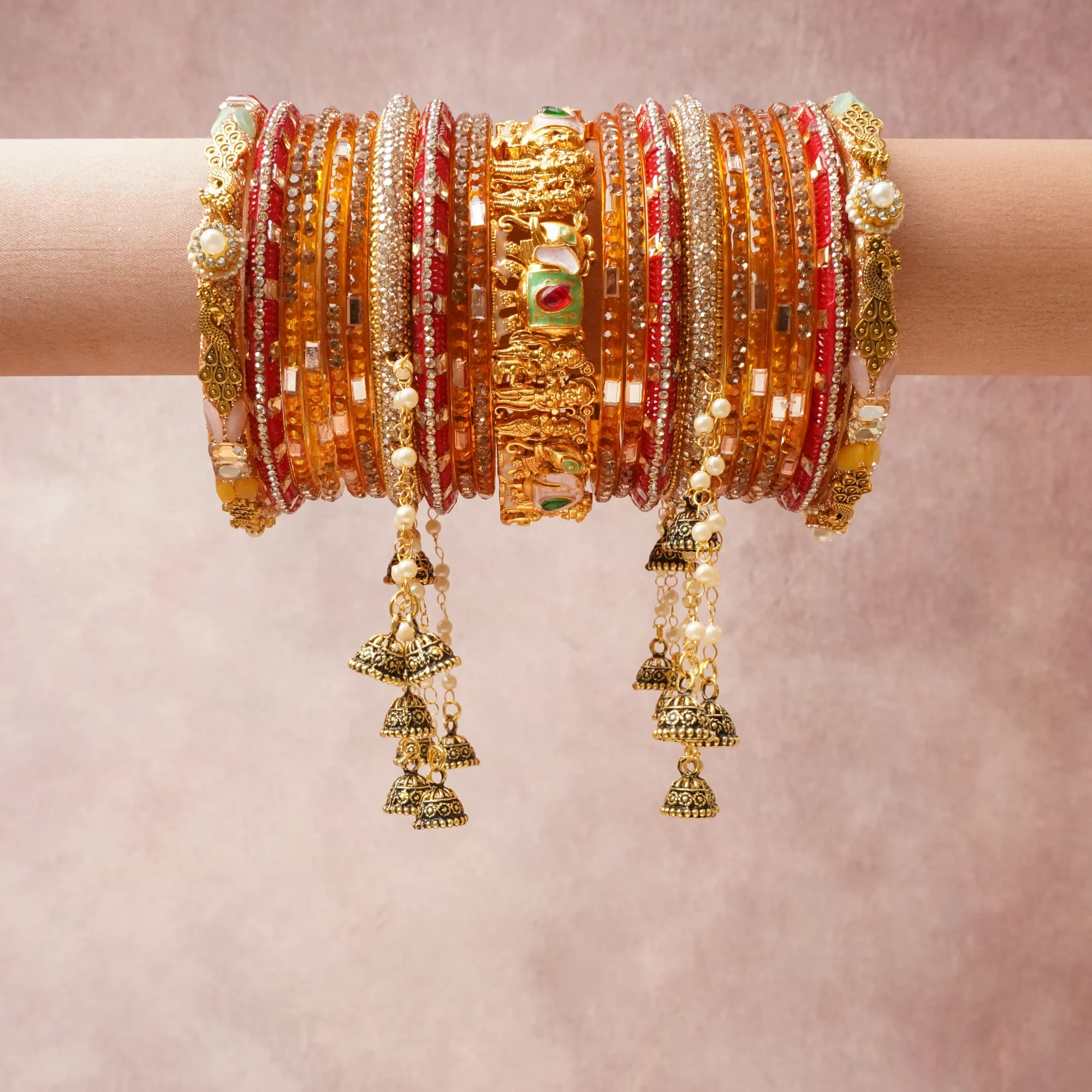 A majestic yellow set, complemented by Crimson Red, Metallic Gold, Pearl White, Emerald Green, Peach, Clear featuring Glass, Gold-plated Brass, Rhinestones, Cultured Pearls, Enamel, Acrylic.
Rich, ceremonial, and designed to be passed through generations.